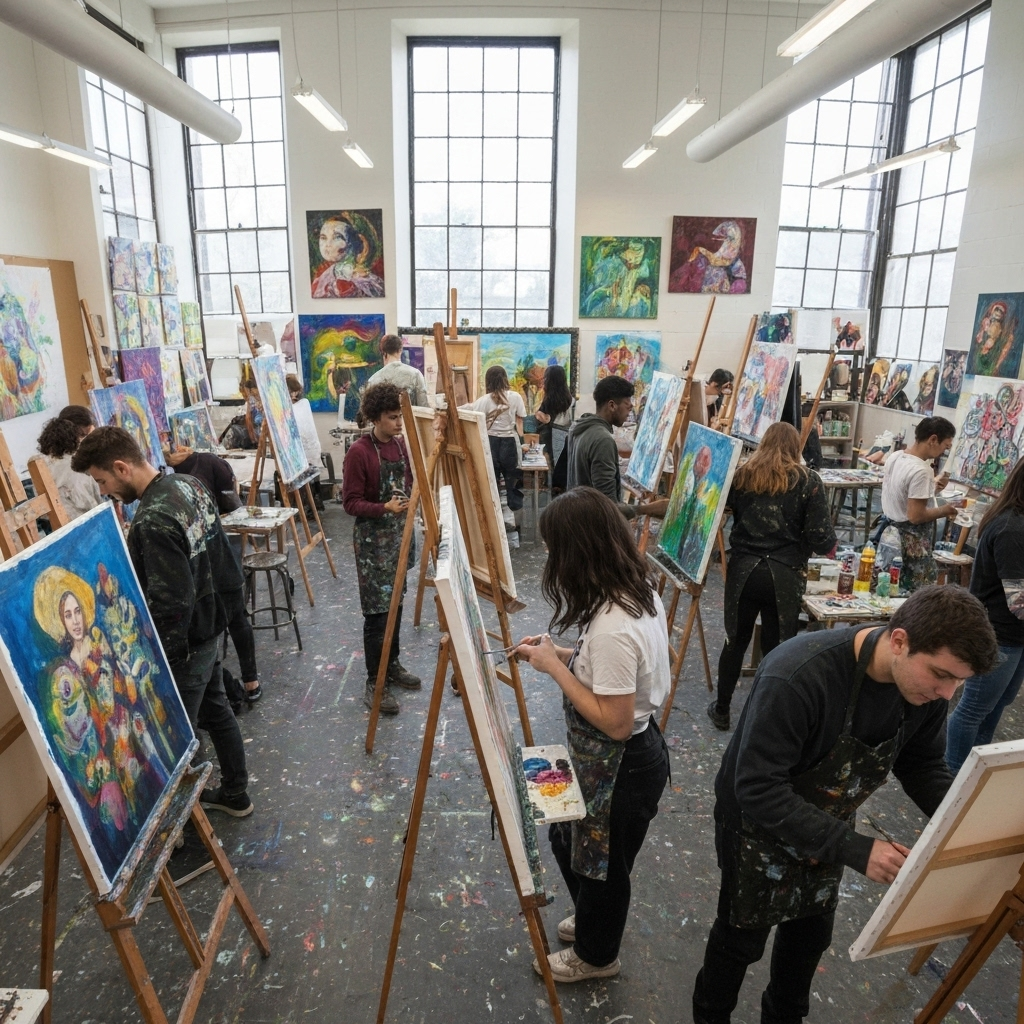 Art class with student paintings